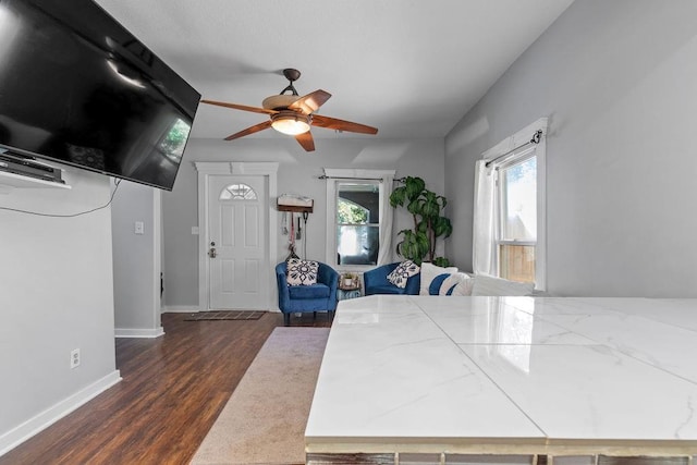 interior space featuring baseboards, dark wood-type flooring, a wealth of natural light, and a ceiling fan