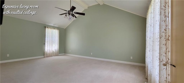 carpeted empty room with beamed ceiling, high vaulted ceiling, and ceiling fan