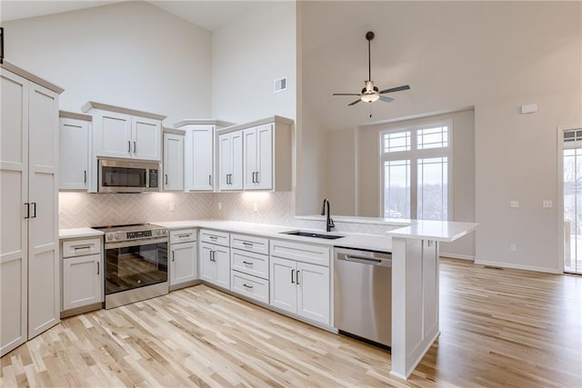 kitchen featuring sink, tasteful backsplash, appliances with stainless steel finishes, kitchen peninsula, and ceiling fan