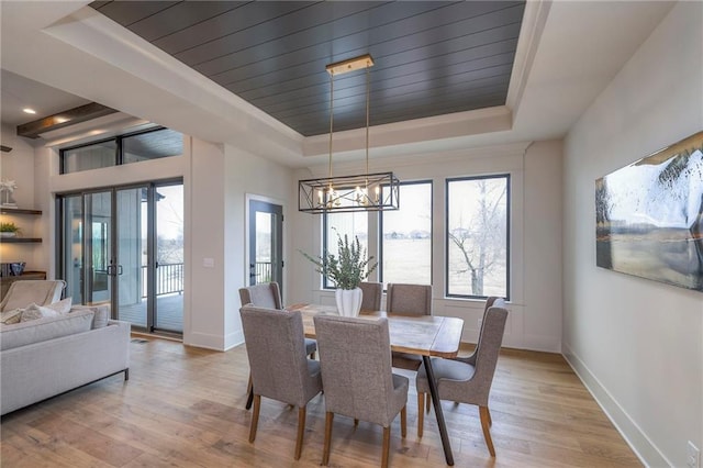 dining room with a raised ceiling, a healthy amount of sunlight, and light hardwood / wood-style floors