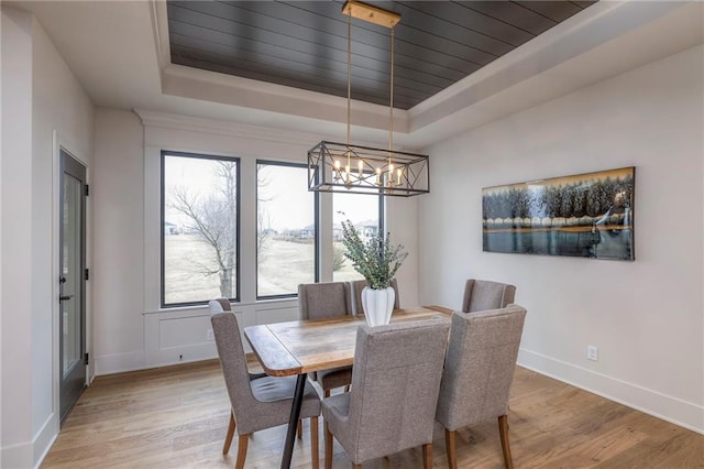 dining space with a chandelier, wood ceiling, a raised ceiling, and light hardwood / wood-style floors