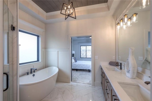 bathroom featuring vanity, shower with separate bathtub, wooden ceiling, and a tray ceiling