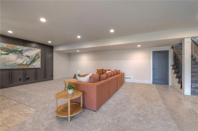 living room with light colored carpet