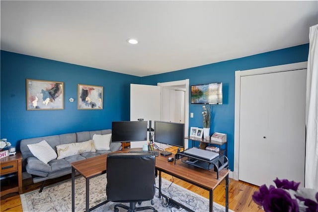 home office featuring light hardwood / wood-style flooring