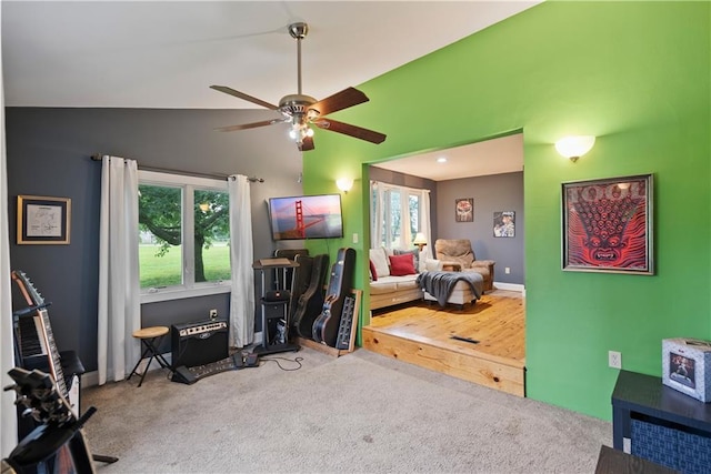 2924 Crown Dr, Independence, KS 67301 - home office with a ceiling fan, carpet floors, and vaulted ceiling