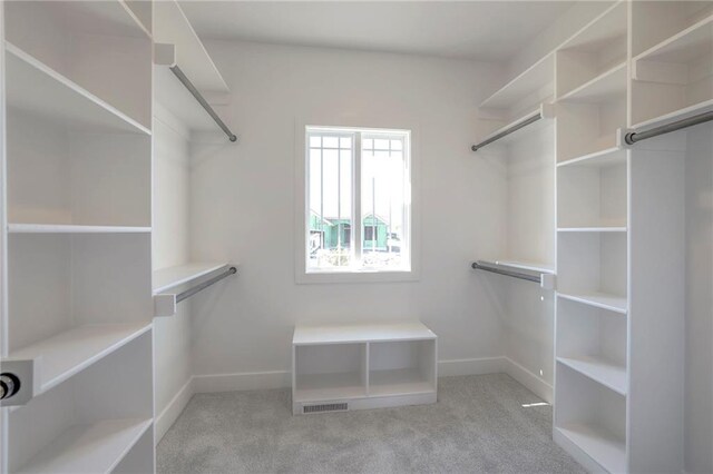 spacious closet featuring visible vents and light carpet