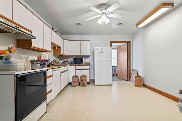 kitchen featuring white cabinetry, custom exhaust hood, white appliances, and ceiling fan