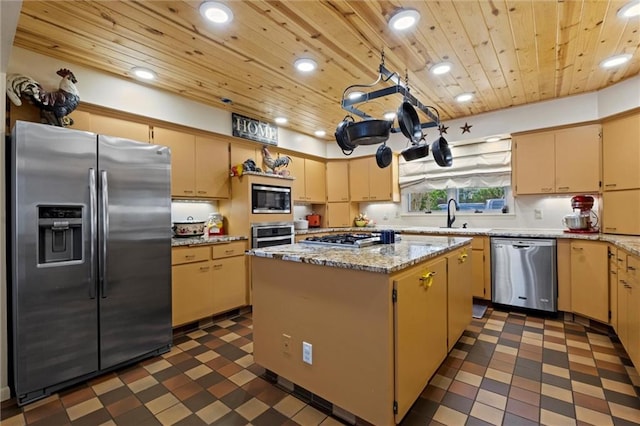 kitchen with stainless steel appliances, wood ceiling, sink, dark tile patterned flooring, and a center island