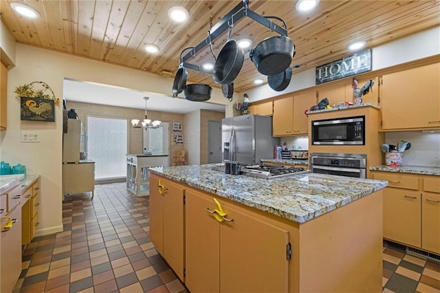 kitchen with light tile patterned flooring, stainless steel appliances, and wooden ceiling