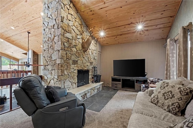 living room featuring carpet, a fireplace, vaulted ceiling, and wood ceiling