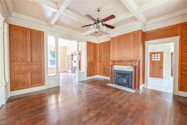 unfurnished living room featuring beamed ceiling, coffered ceiling, and dark wood-type flooring