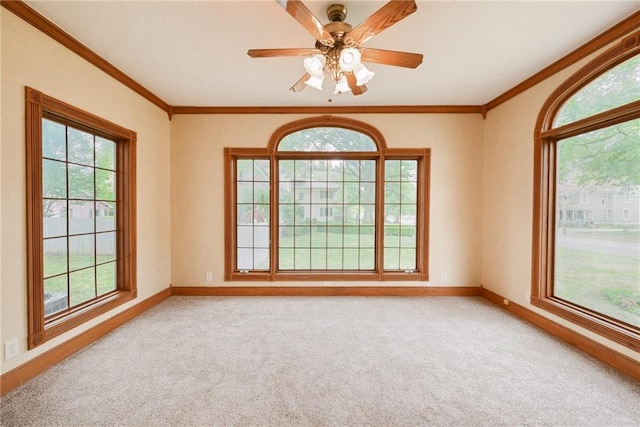 unfurnished room featuring crown molding, ceiling fan, and light colored carpet