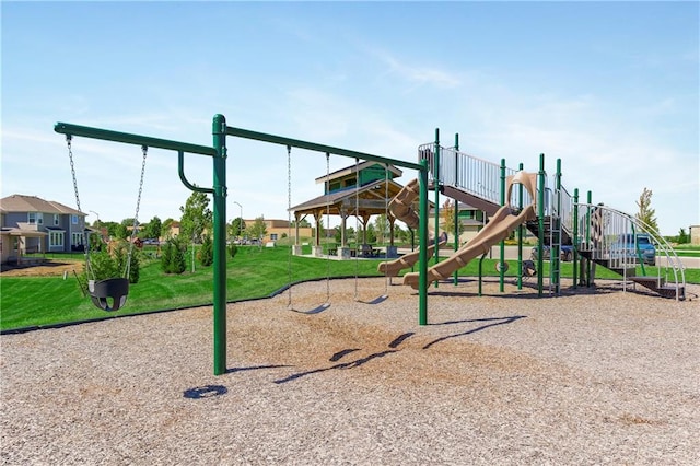 view of jungle gym featuring a lawn