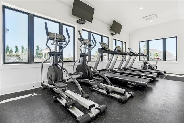 exercise room with lofted ceiling and plenty of natural light
