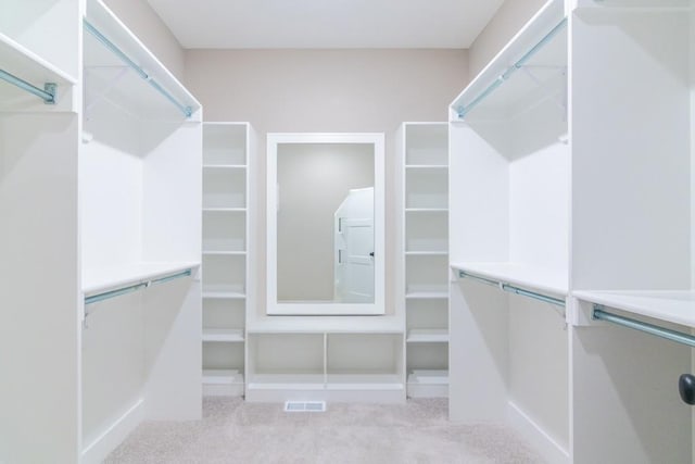 walk in closet featuring light carpet