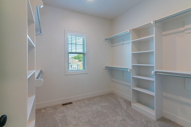 walk in closet featuring light carpet