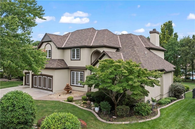 view of front facade with a chimney, stucco siding, concrete driveway, a garage, and a front lawn