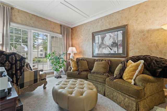 living area featuring carpet floors, coffered ceiling, and crown molding