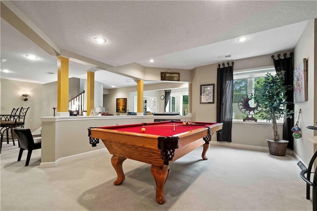 rec room with recessed lighting, light colored carpet, a textured ceiling, billiards, and baseboards