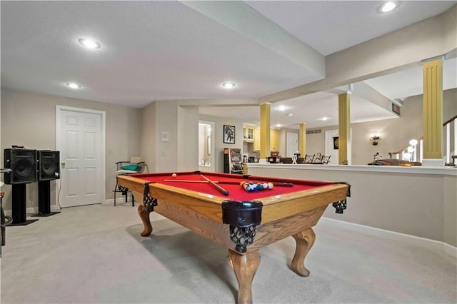 game room with light carpet, recessed lighting, billiards, and baseboards