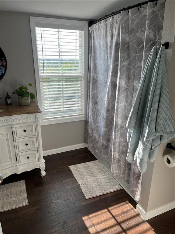 bathroom with hardwood / wood-style floors and vanity