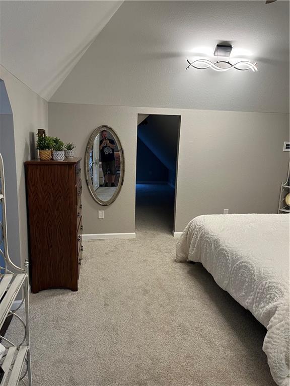 bedroom with light colored carpet and vaulted ceiling