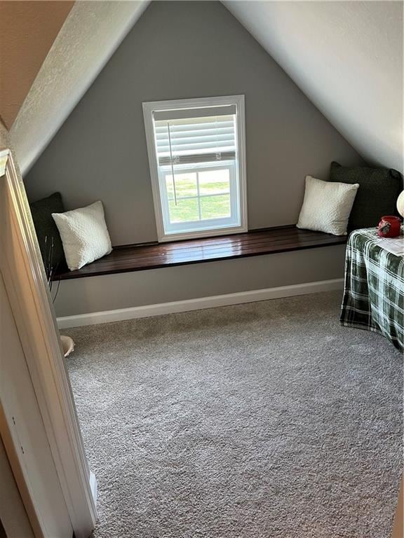 unfurnished bedroom with carpet flooring and vaulted ceiling