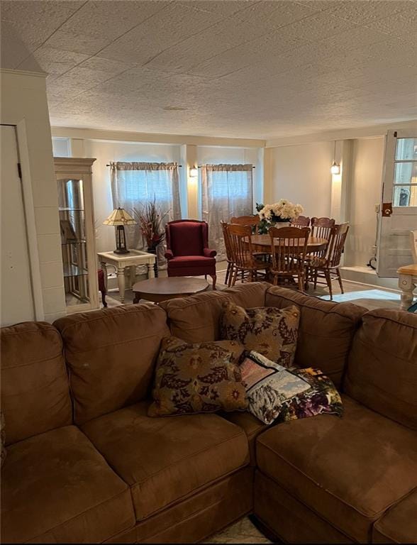 living room featuring a textured ceiling and a healthy amount of sunlight