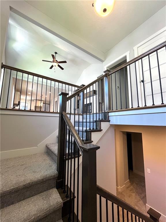 stairs with carpet floors and ceiling fan