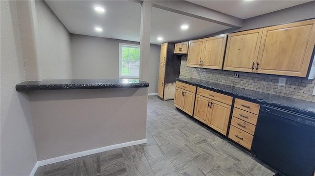 kitchen with black dishwasher, light tile patterned floors, decorative backsplash, dark stone counters, and kitchen peninsula