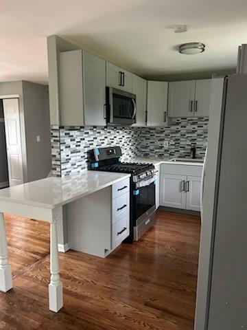 kitchen featuring appliances with stainless steel finishes, dark wood-type flooring, tasteful backsplash, and sink