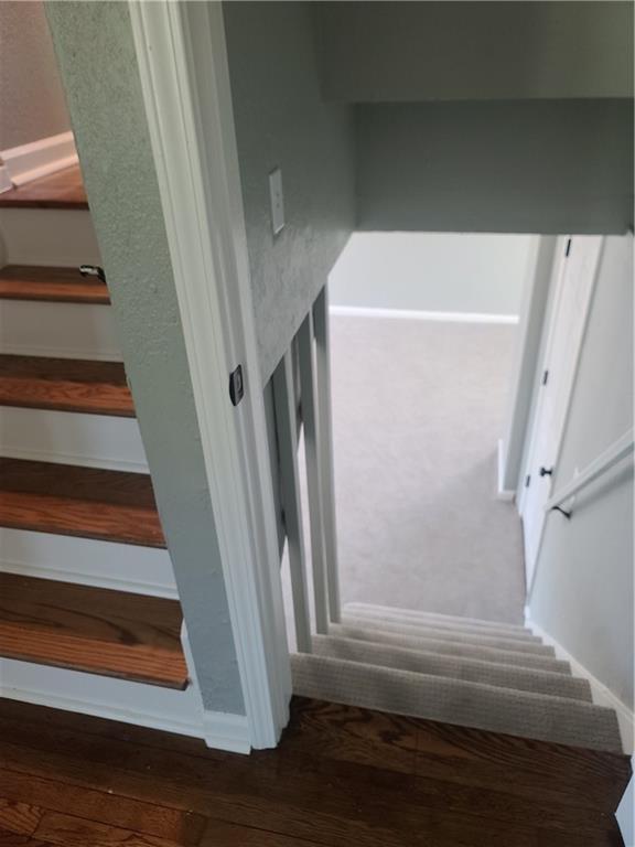 stairs with dark hardwood / wood-style flooring