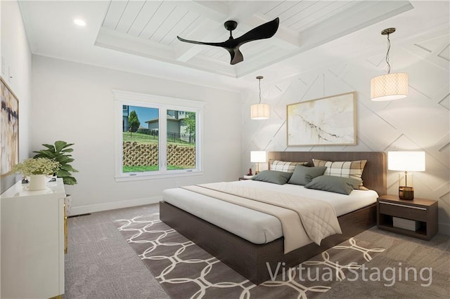 bedroom with dark colored carpet, wood ceiling, ornamental molding, beamed ceiling, and ceiling fan