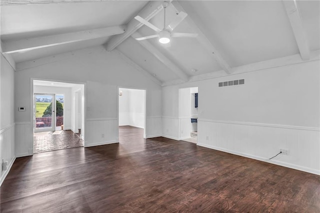 22750 Switzer Rd, Bucyrus, KS 66013 - unfurnished room with a wainscoted wall, a ceiling fan, visible vents, and wood finished floors