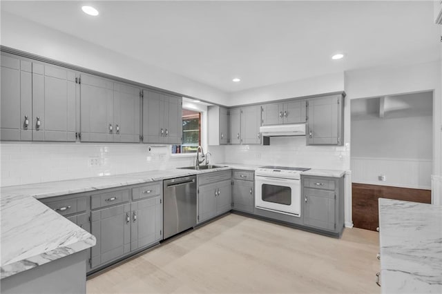 22750 Switzer Rd, Bucyrus, KS 66013 - kitchen featuring white electric range oven, stainless steel dishwasher, gray cabinetry, under cabinet range hood, and a sink