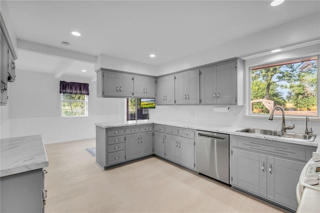 22750 Switzer Rd, Bucyrus, KS 66013 - kitchen featuring tasteful backsplash, dishwasher, a peninsula, gray cabinets, and a sink