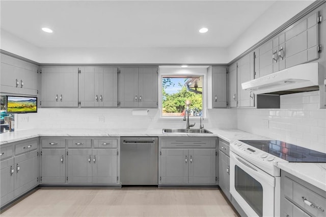 22750 Switzer Rd, Bucyrus, KS 66013 - kitchen featuring white electric range, gray cabinetry, a sink, dishwasher, and under cabinet range hood
