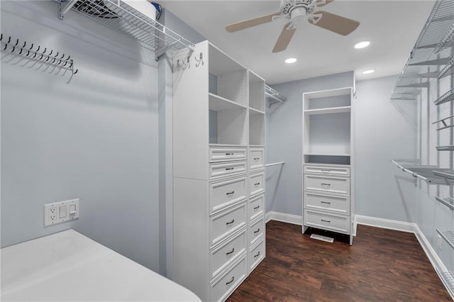 22750 Switzer Rd, Bucyrus, KS 66013 - spacious closet featuring dark wood-style floors and ceiling fan
