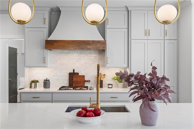 18452 Windsor St, Overland Park, KS 66085 - kitchen with premium range hood, backsplash, and pendant lighting