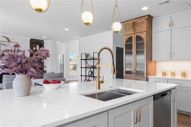 18452 Windsor St, Overland Park, KS 66085 - kitchen featuring a sink, open floor plan, dishwasher, ornamental molding, and visible vents