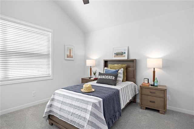 18452 Windsor St, Overland Park, KS 66085 - bedroom with baseboards, vaulted ceiling, carpet flooring, and ceiling fan