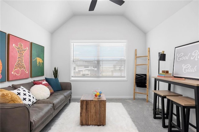 18452 Windsor St, Overland Park, KS 66085 - living room with ceiling fan, baseboards, carpet flooring, and vaulted ceiling