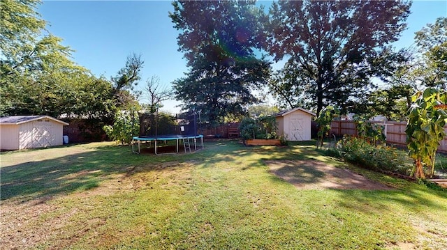 view of yard with a trampoline and a storage unit