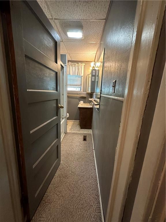 bathroom with a drop ceiling, vanity, and toilet