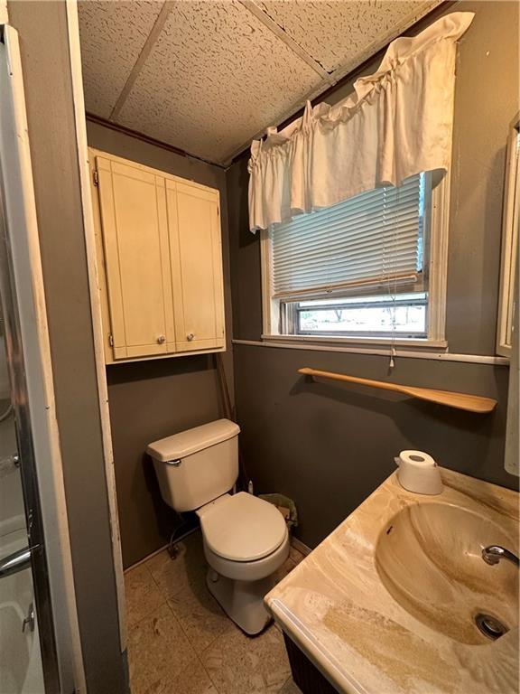 bathroom with a paneled ceiling, toilet, a shower with door, and vanity