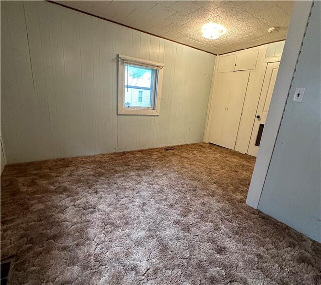 empty room featuring wooden walls and carpet floors