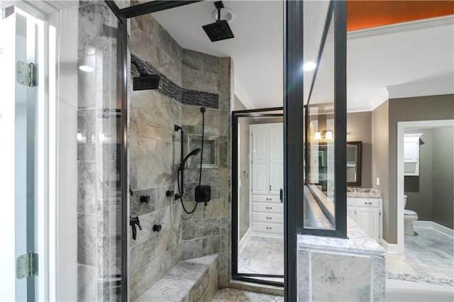 bathroom with walk in shower, toilet, crown molding, and vanity