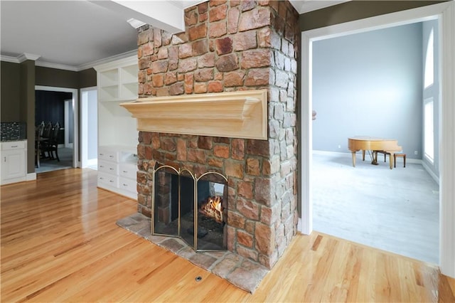 details featuring ornamental molding, a fireplace, wood finished floors, and baseboards