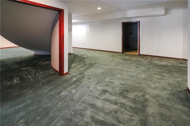 finished basement with carpet floors, recessed lighting, and baseboards