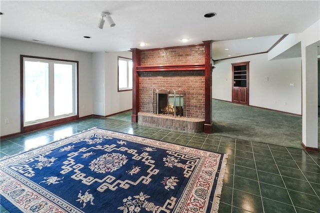 unfurnished living room featuring recessed lighting, a brick fireplace, carpet flooring, tile patterned flooring, and baseboards